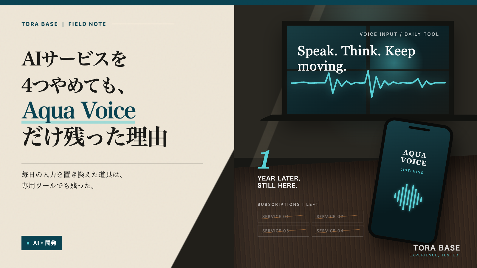 音声の波形とスマートフォンでAqua Voiceを表現したTORA BASEのアイキャッチ
