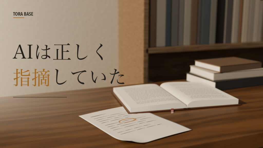 書棚のそばの低い木の台に、墨の線が並び一か所だけアンバー色の丸印が付いた紙と、開いた本が置かれた様子を表す概念CG。左に「AIは正しく指摘していた」の見出し。