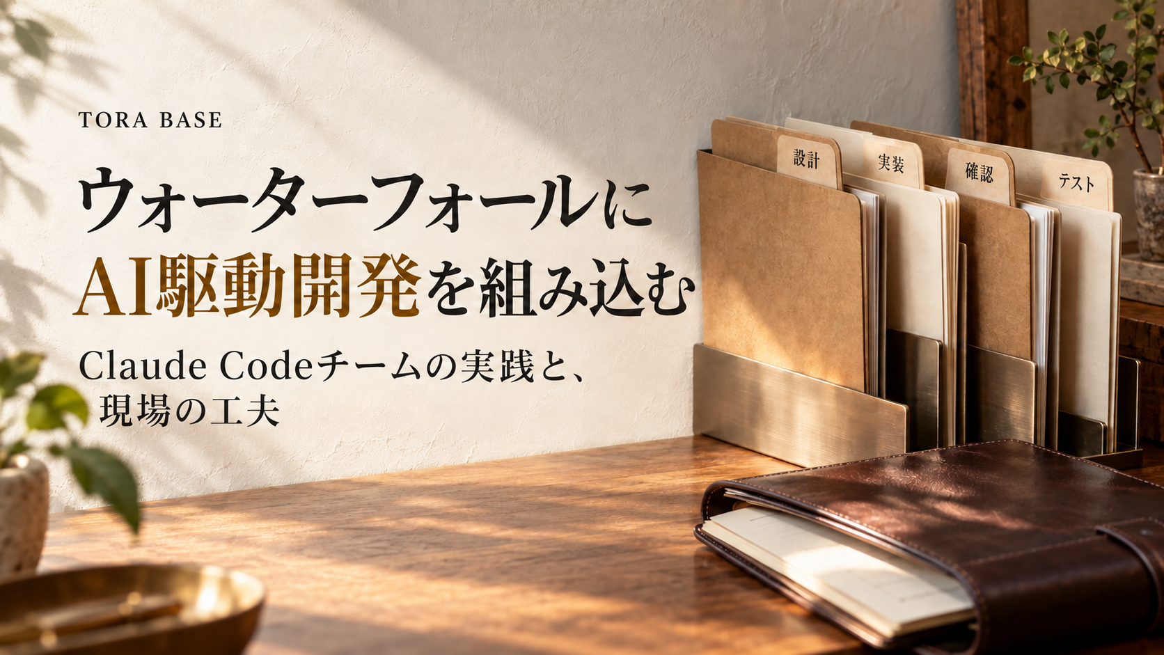 ウォーターフォールにAI駆動開発を組み込むという見出しと、設計・実装・確認・テストの書類を配した写真調の概念画像。