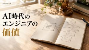 開発方法を描いた開いたノートから複数の作業へ広がる線を表した、自然光の写真調コンセプト画像。AI時代のエンジニアの価値。
