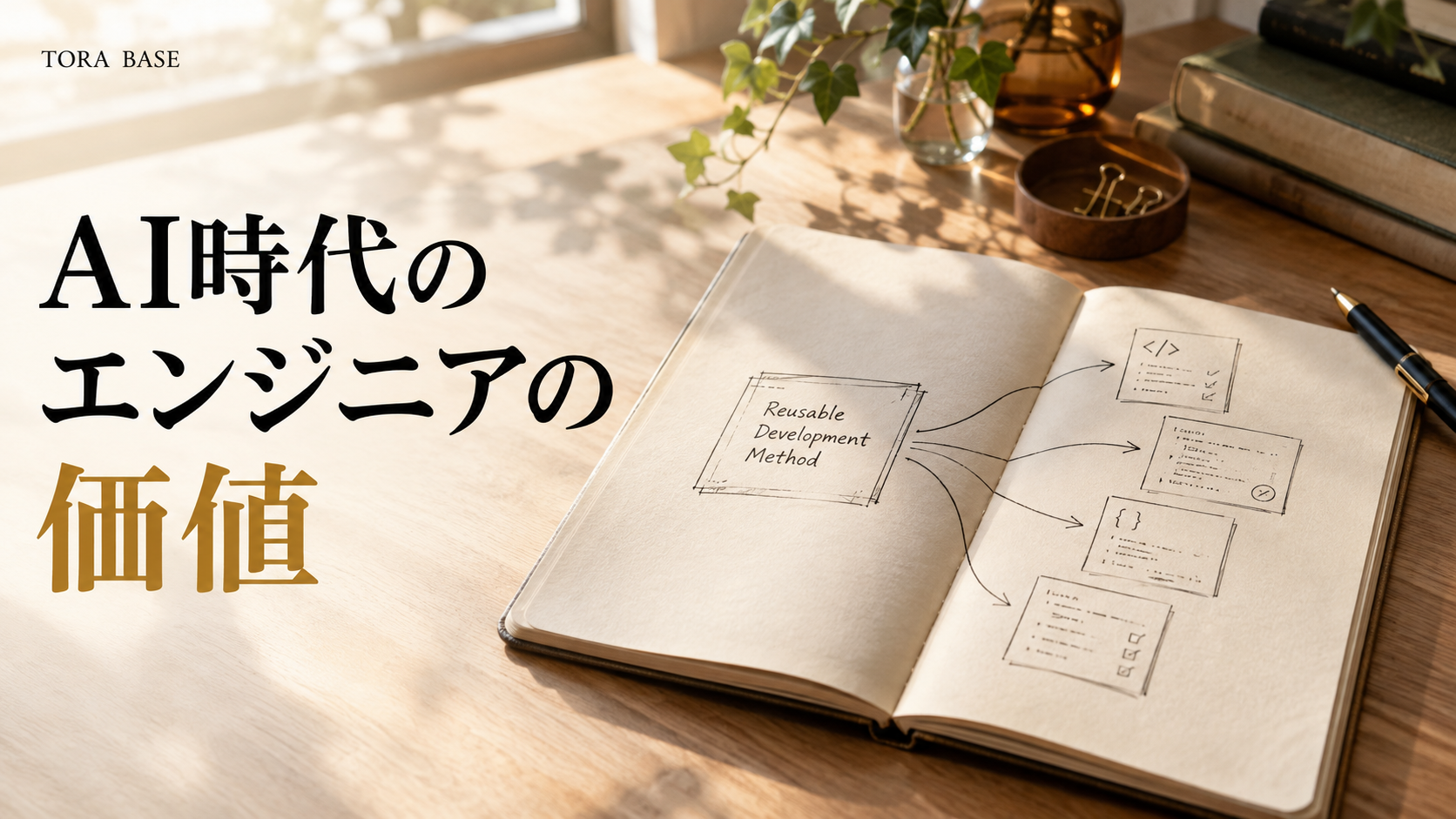 開発方法を描いた開いたノートから複数の作業へ広がる線を表した、自然光の写真調コンセプト画像。AI時代のエンジニアの価値。