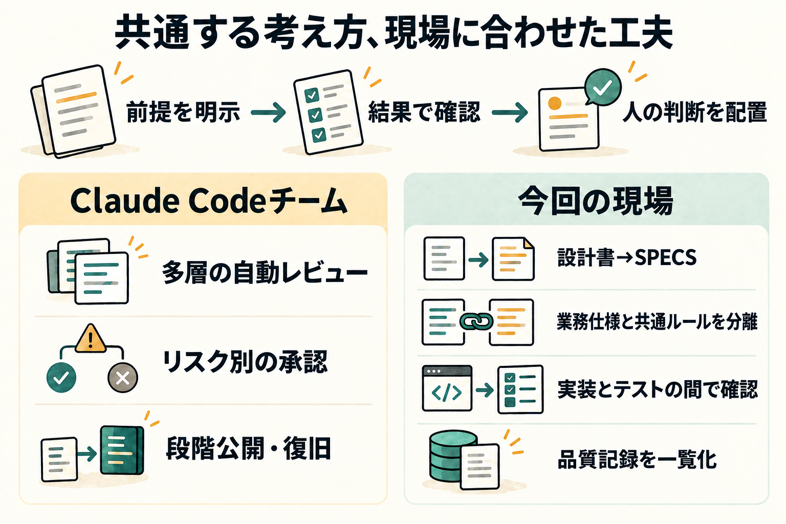 AIに渡す前提、実行結果での確認、人の判断の配置という共通点と、Claude Codeチームと今回の現場それぞれの手順上の工夫を比較した図。