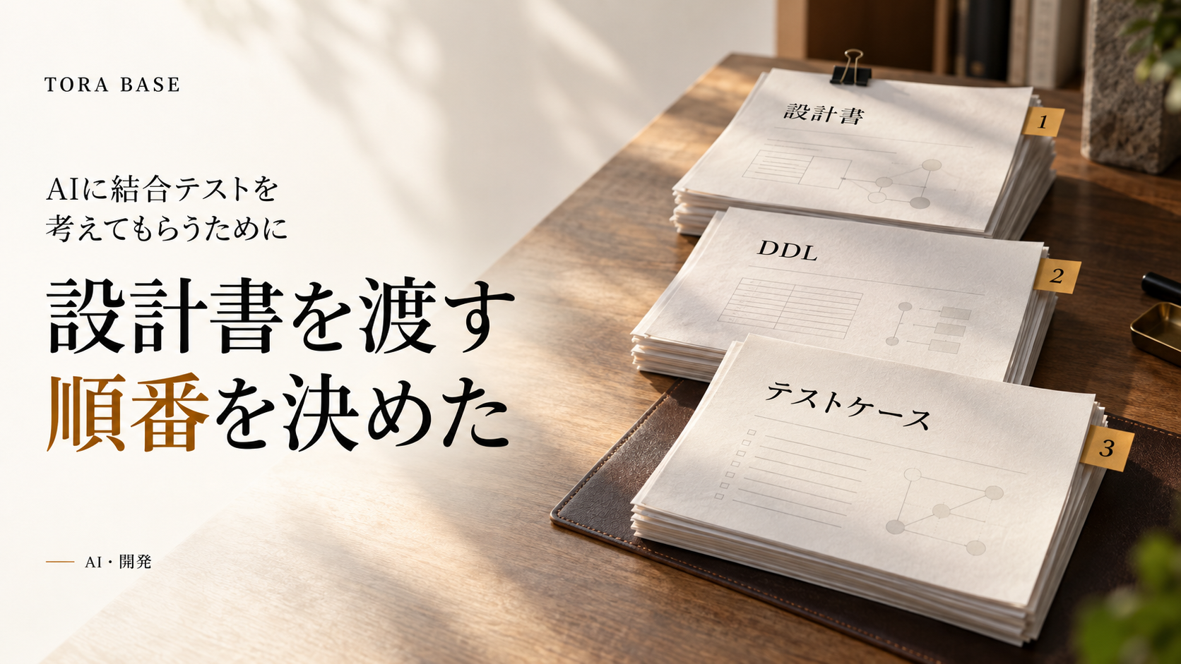 自然光が差す木の机に、設計書・DDL・テストケースの資料束を順に並べた概念画像。「設計書を渡す順番を決めた」の見出し。