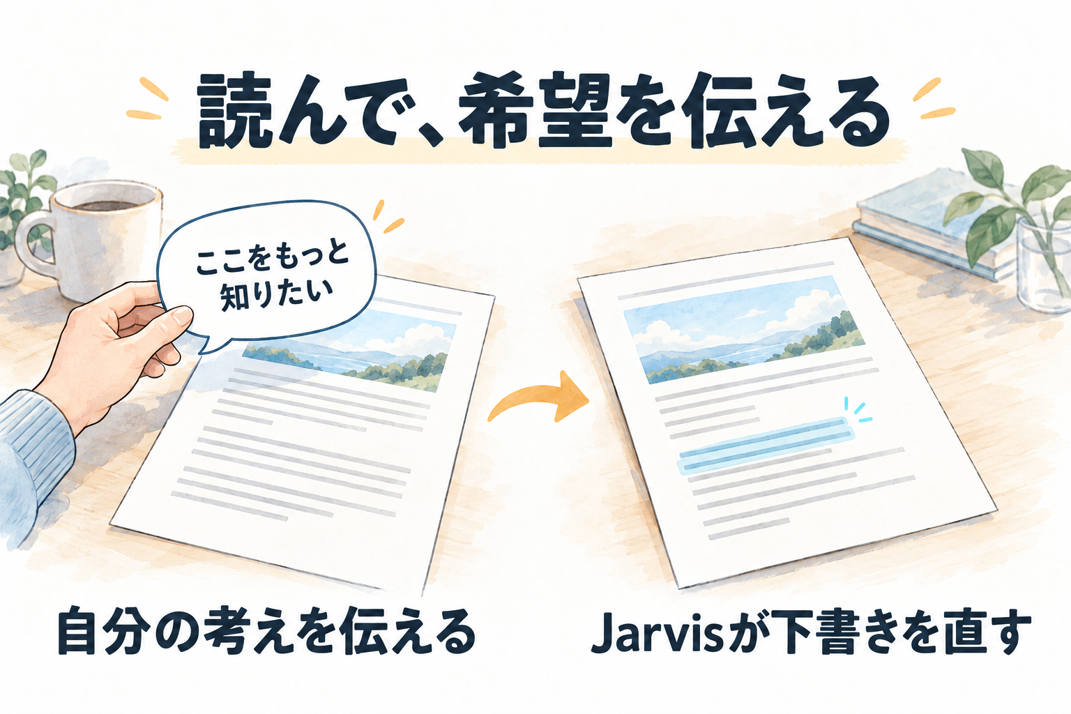 自分が知りたい点を伝え、Jarvisにブログ下書きを直してもらう流れの説明図。