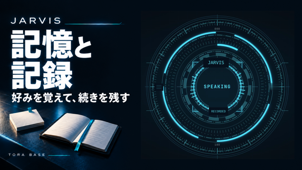 黒紺とシアンのJarvisシリーズ表紙。記憶と記録の見出し、好みのカードとノート、匿名化済みの実Jarvis画面。