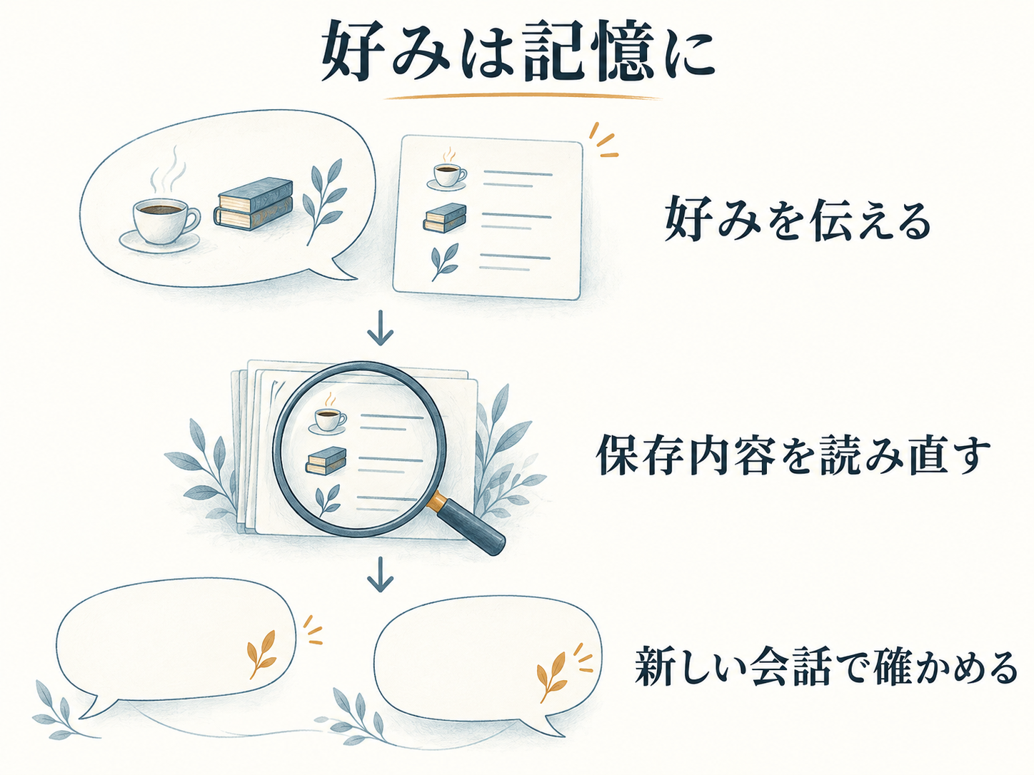 好みを伝える、保存内容を読み直す、新しい会話で確かめる、の3段階を示す説明図。