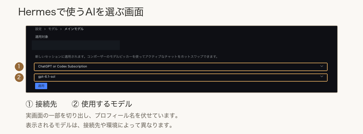 Hermesのモデル設定の実画面。1番は接続先、2番は使用するモデル。無関係なプロフィール名を覆い、操作箇所に番号を追加したもの。