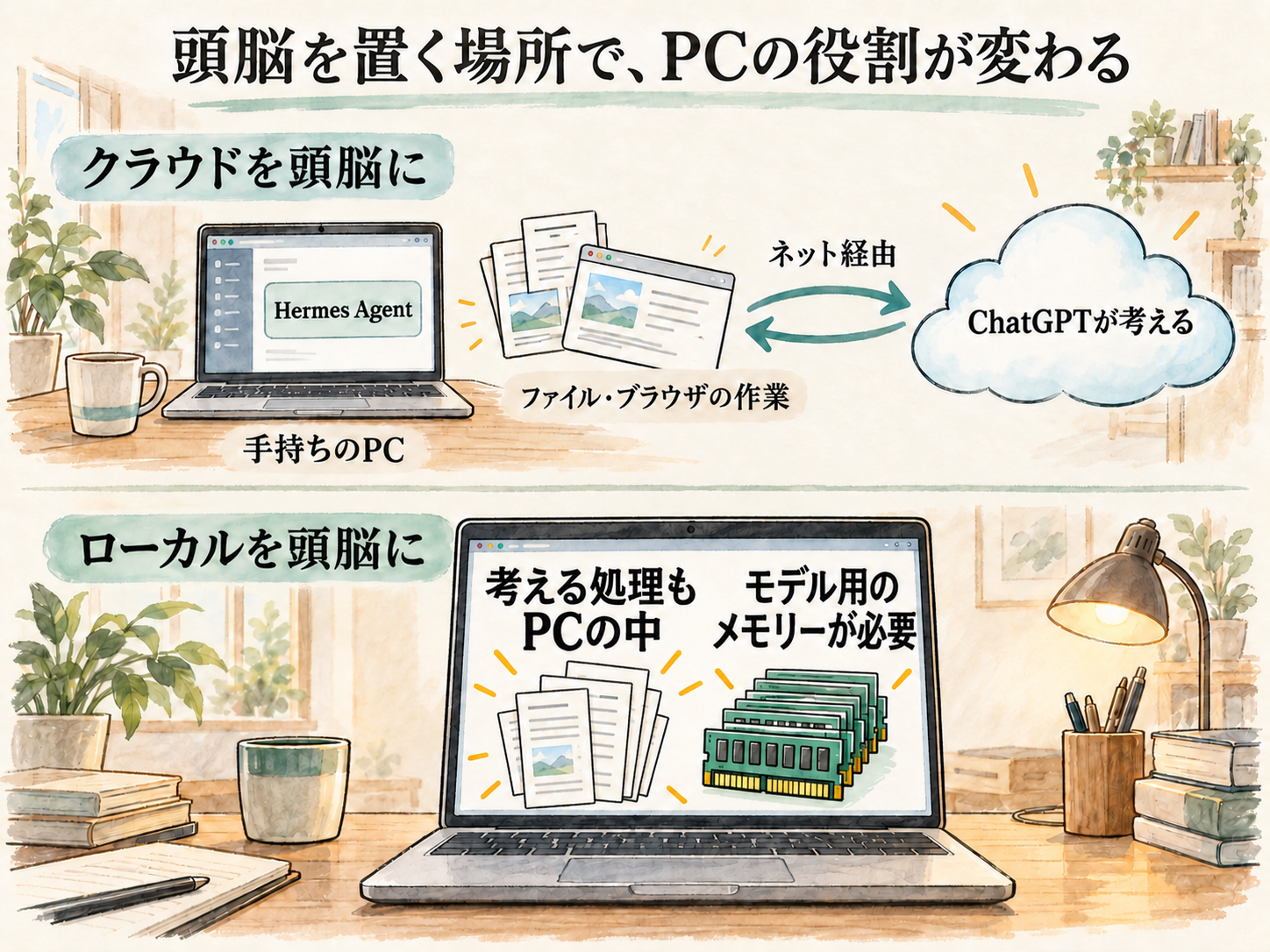 クラウドの頭脳ではPCがファイルやブラウザの作業をしてChatGPTが考え、ローカルの頭脳では考える処理もPCの中で行うためメモリーが必要になることを並べた図