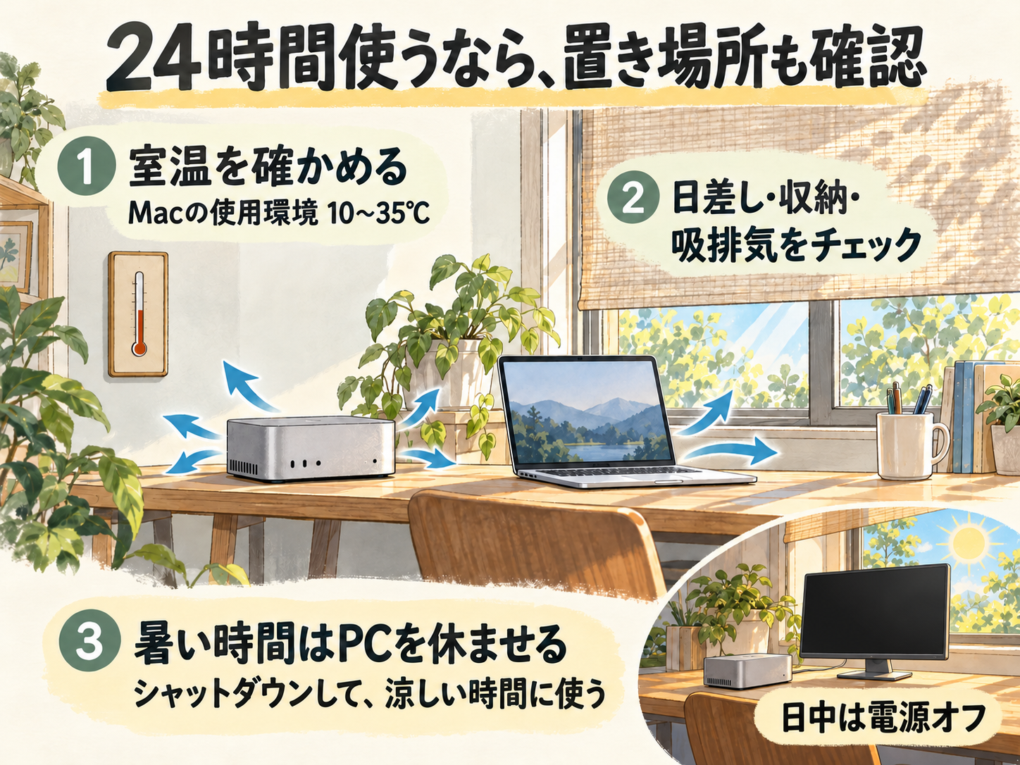 Macを使う部屋の温度10〜35℃、日差し・収納・吸排気の確認、暑い時間はPCをシャットダウンして涼しい時間に使うことを示した図