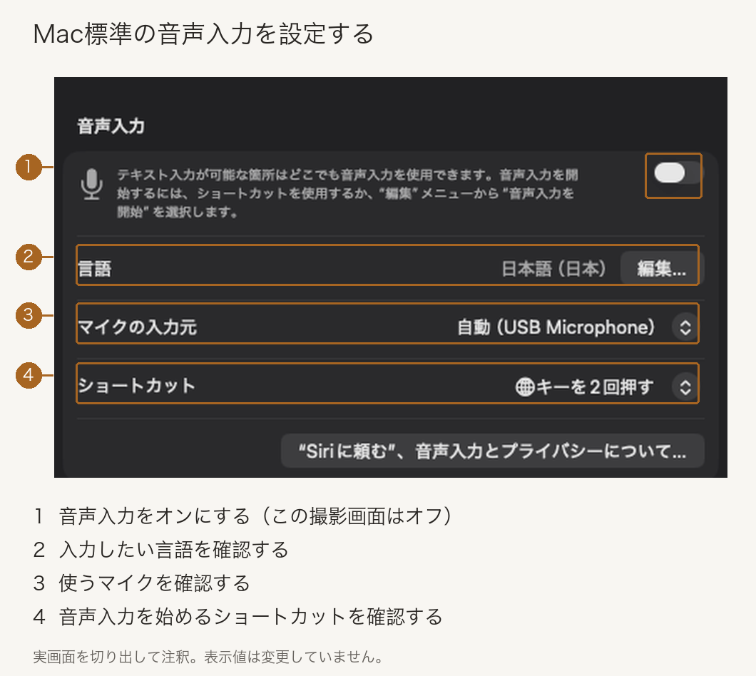 Macのシステム設定「キーボード」にある音声入力の欄。オン・オフ、言語、マイクの入力元、ショートカットに番号を付けた画面