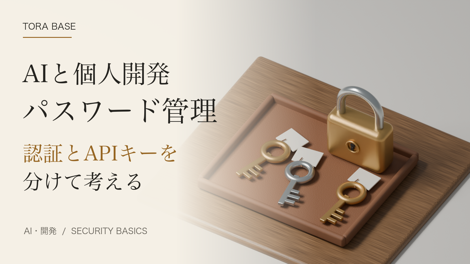 木と革のトレイに異なる金属の鍵と南京錠を置いた写真調CGの概念画像。AI個人開発のパスワード管理・認証・APIキーを分けて考える記事表紙。実UIや被害の証拠ではない。