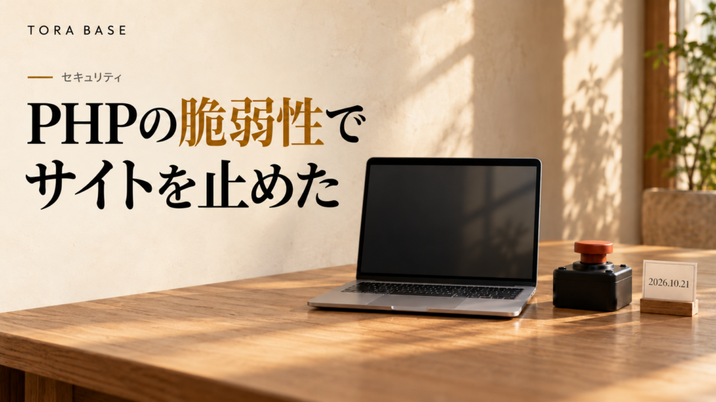 PHPの脆弱性でサイトを止めた日の記録を表す概念画像。画面が暗いノートPCと停止ボタン。