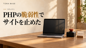 PHPの脆弱性でサイトを止めた日の記録を表す概念画像。画面が暗いノートPCと停止ボタン。