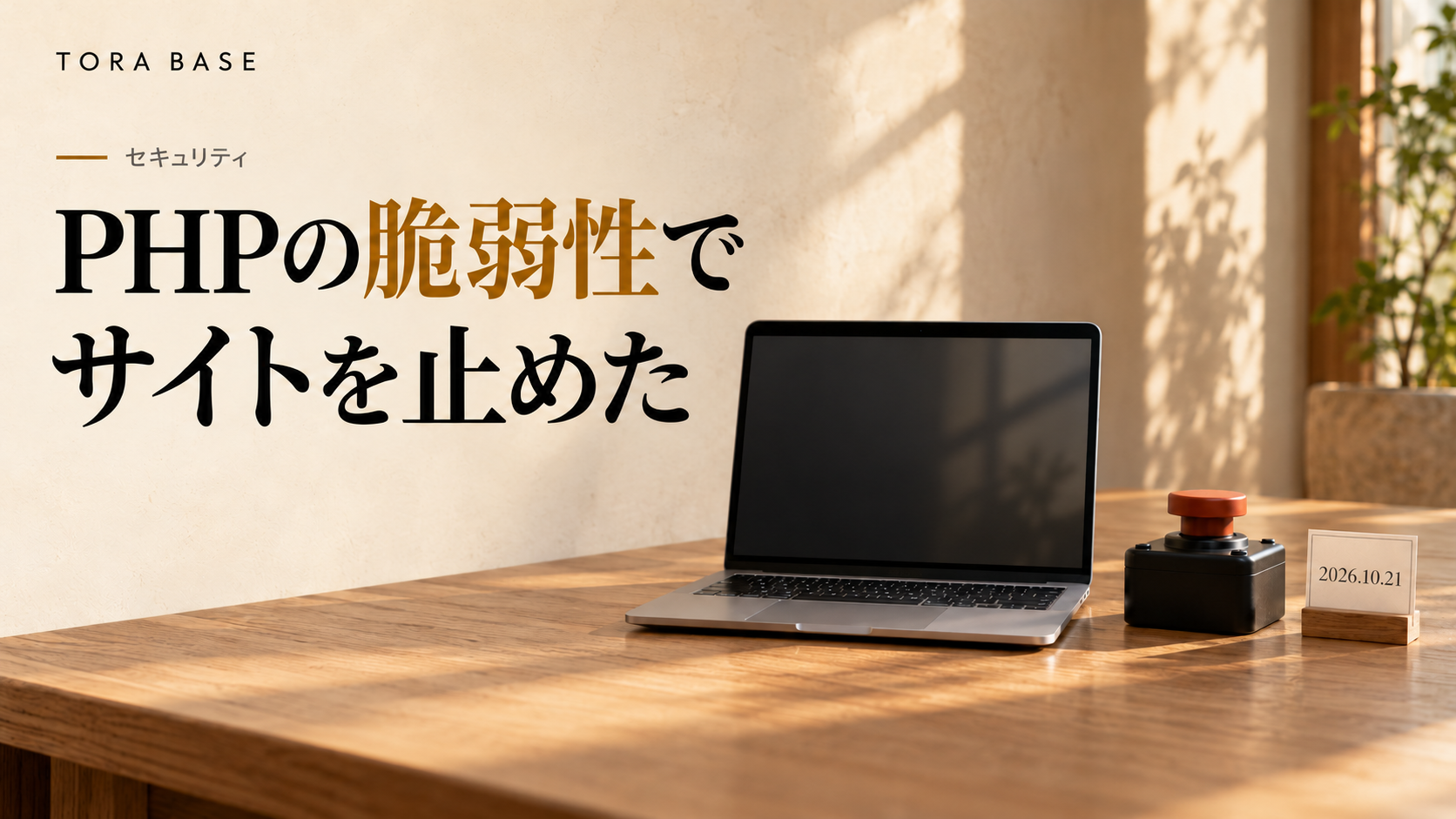 PHPの脆弱性でサイトを止めた日の記録を表す概念画像。画面が暗いノートPCと停止ボタン。
