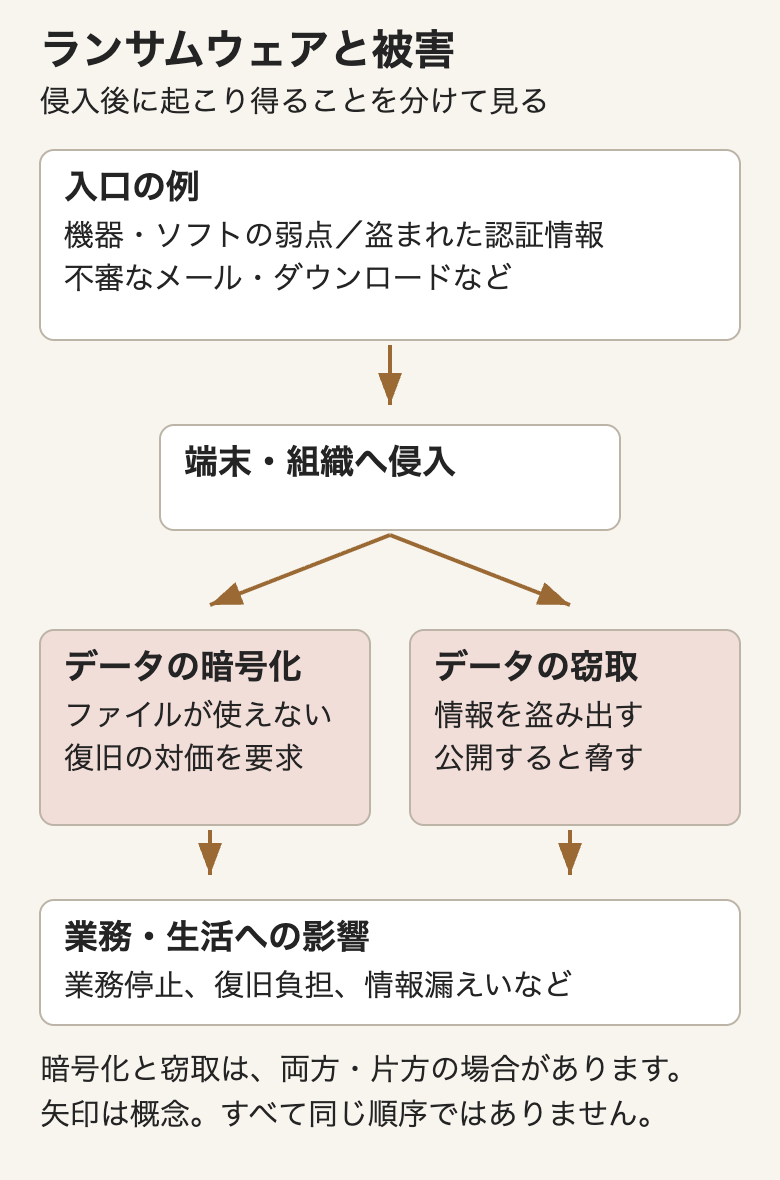 機器やソフトの弱点、盗まれた認証情報、不審なメールやダウンロードなどの入口から端末や組織に侵入され、データの暗号化と窃取のどちらか、または両方が起きる。窃取では「公開する」と脅され、業務停止や情報漏えいなどの影響につながる。矢印は概念で、すべての攻撃が同じ順番になるわけではない。