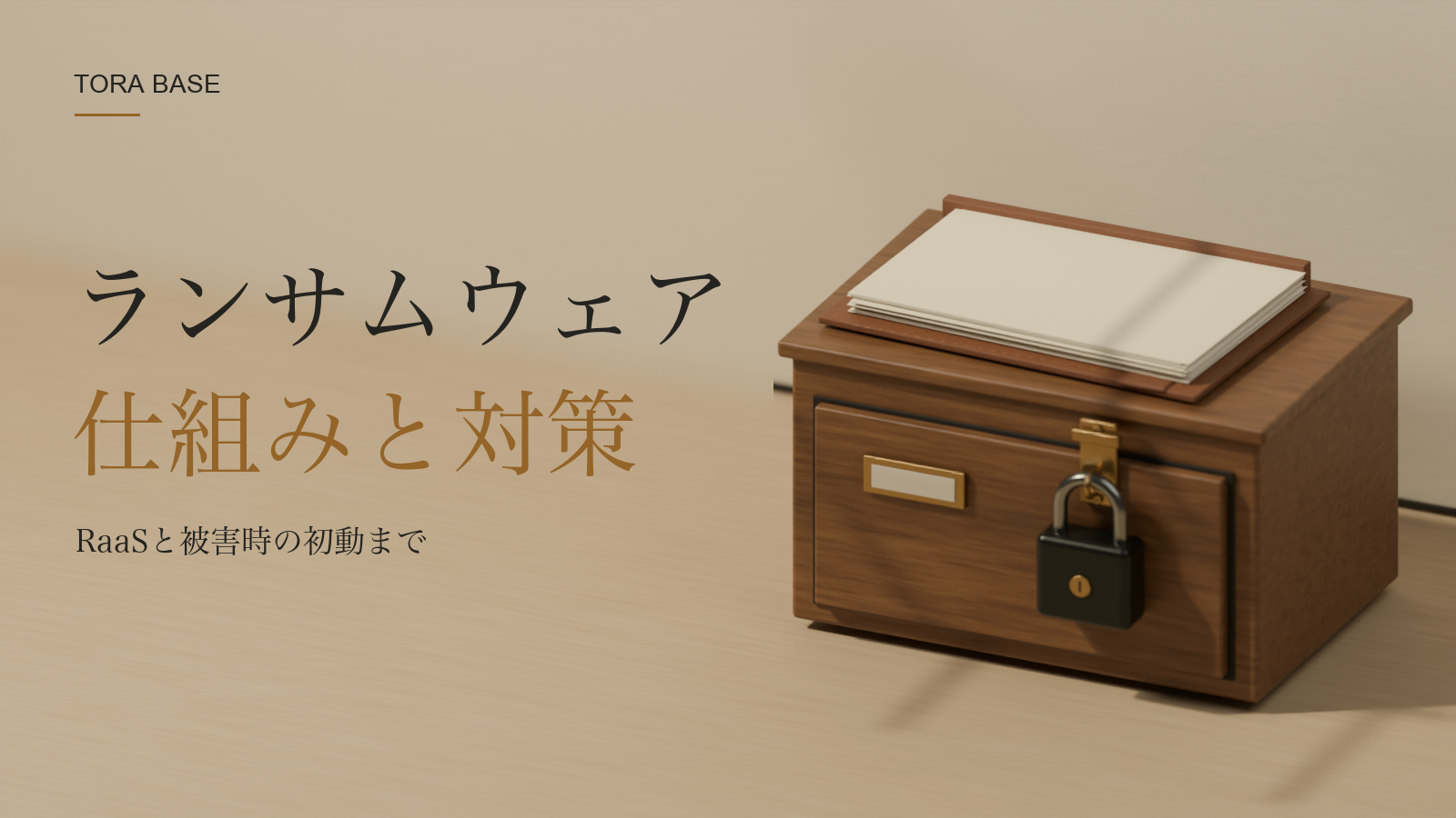 薄い木の作業台に置いた木製の保管引出しと黒い南京錠。上には無地の紙束と茶色のフォルダがあり、斜めの光と影が差す写真調の概念CG。「ランサムウェア」「仕組みと対策」「RaaSと被害時の初動まで」の見出し。
