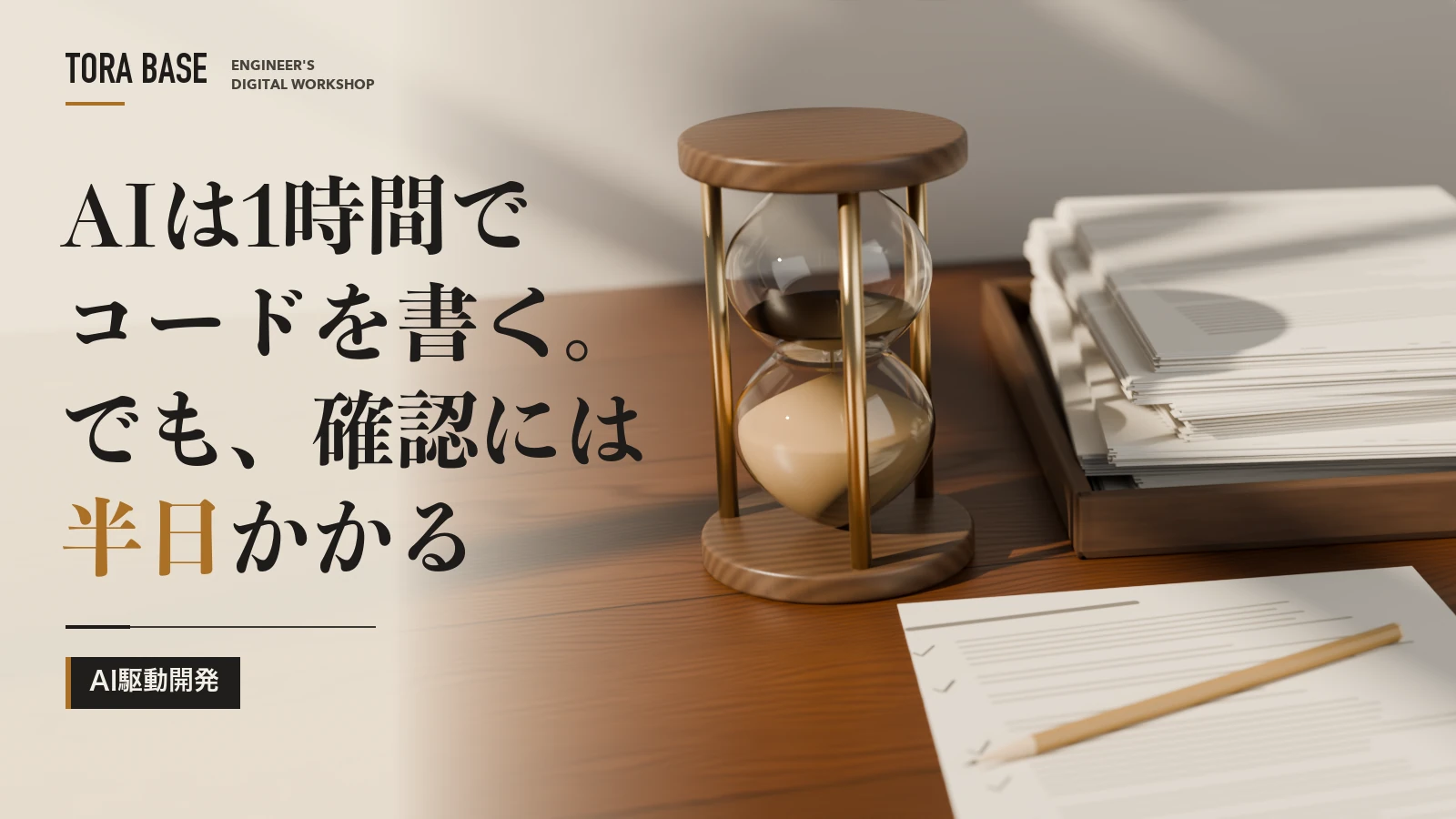 砂時計と、革のトレーに積まれた紙の束、チェック印のある紙と鉛筆を窓からの自然光で写したオリジナルの概念CG。左に「AIは1時間でコードを書く。でも、確認には半日かかる」の文字と小さなTORA BASEの表記。